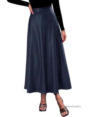 Faux Leather High Waisted A-Line Midi Skirt Pleated Flowy Work Skirt